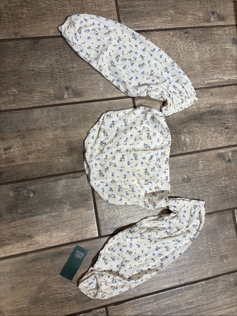 Floral Off-Shoulder Crop Top with Puff Sleeves - White/Blue